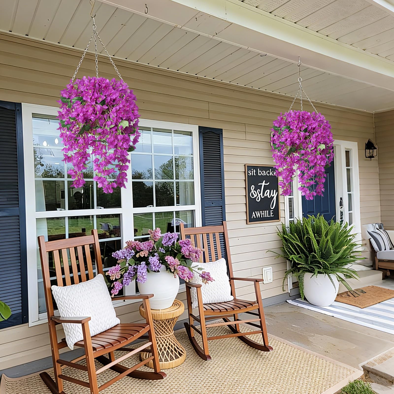 2Pcs Artificial Bougainvillea Hanging Flowers for Outdoor, 30in Silk Faux Pla…