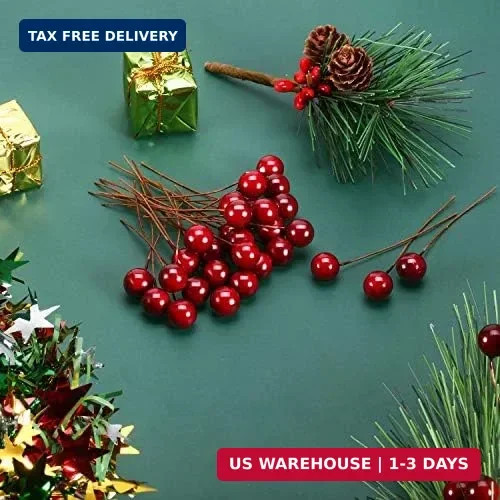 BBTO 100 Pack Artificial Holly Berries Mini 10 mm Christmas Fake Berries Stems C