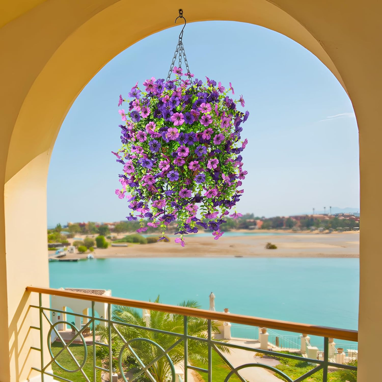 UV Resistant Faux Hanging Flowers Baskets for Outdoor Spring Decor – Mix Purple