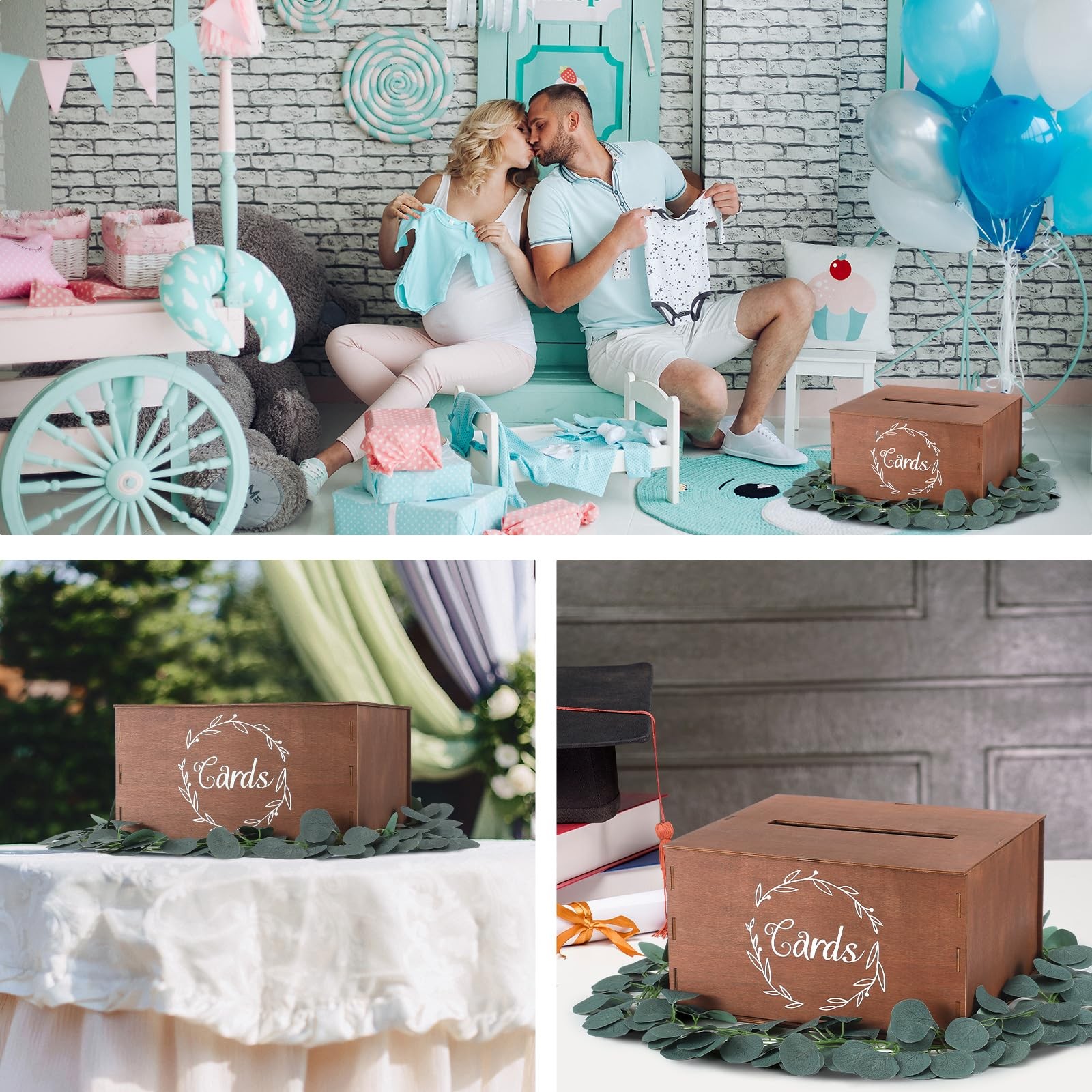Wooden Wedding Card Box Slot Lid Artificial Eucalyptus Branch Decor