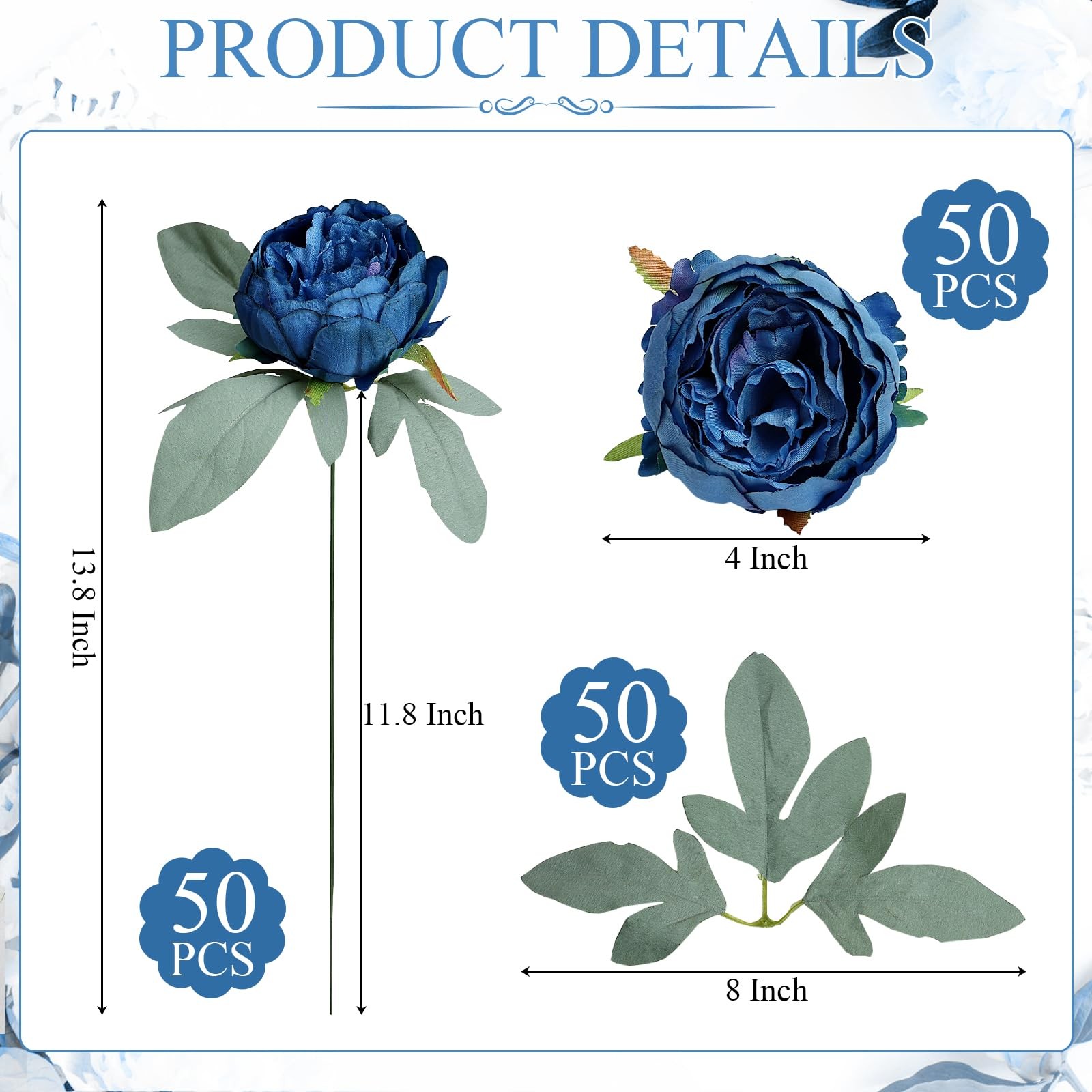 50 PCS Artificial Navy Blue Peonies Flowers Bulk Fake Silk Heads Wedding Decor