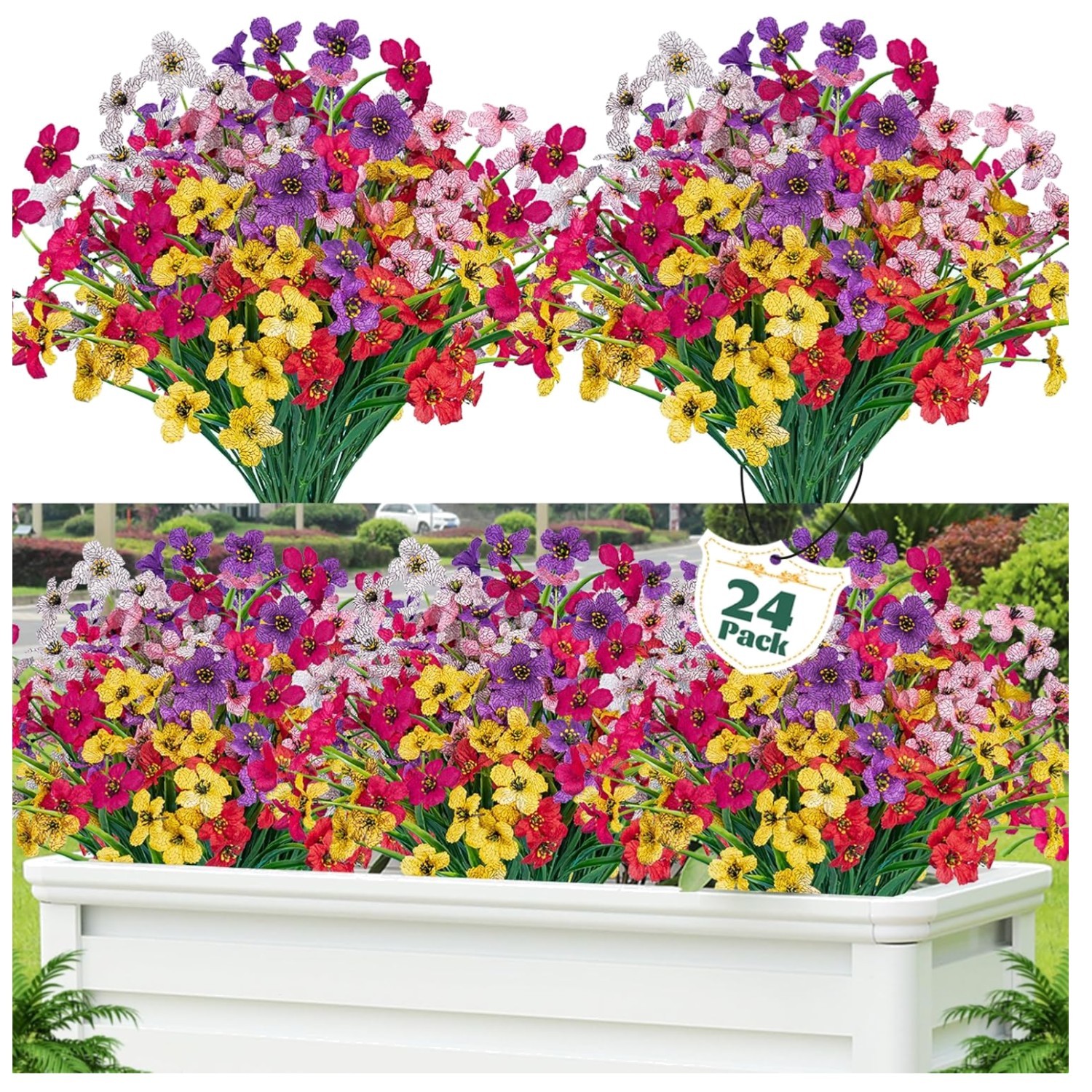 24 Pcs UV Resistant Artificial Flowers Outdoor Indoor Decor Garden Patio