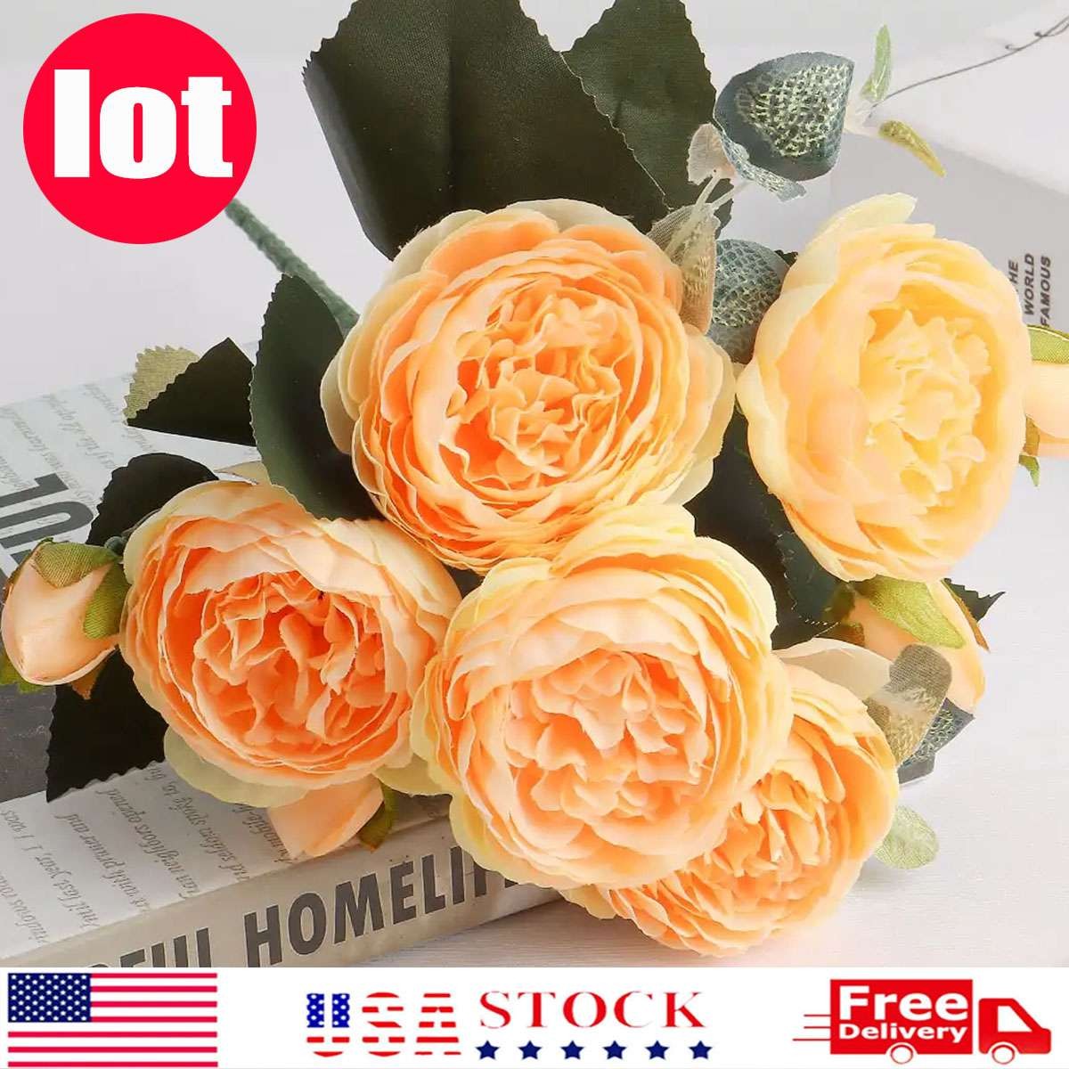 Yellow Artificial Flowers Silk Peony Wedding Bouquet Plants Home Outdoor Decor
