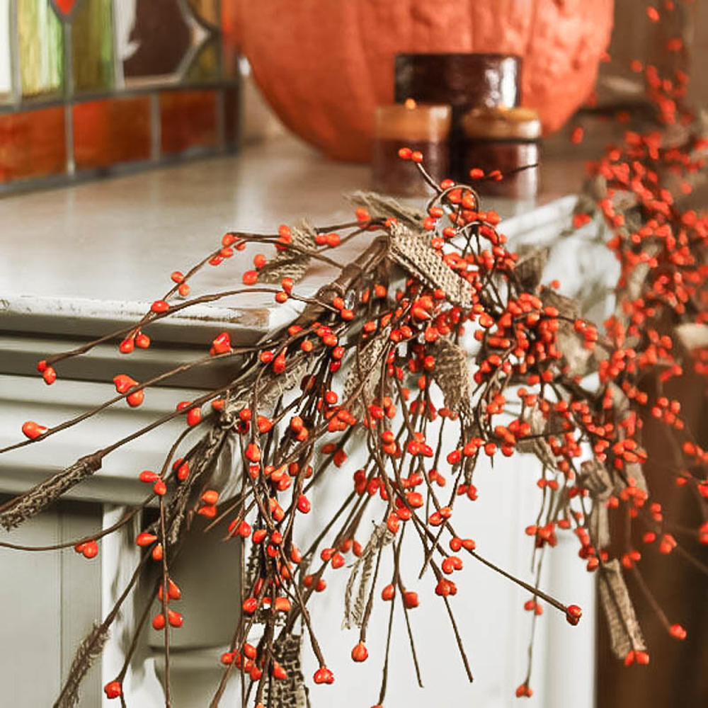 Rustic Autumn Burlap and Harvest Orange Pip Berry 57″ Garland