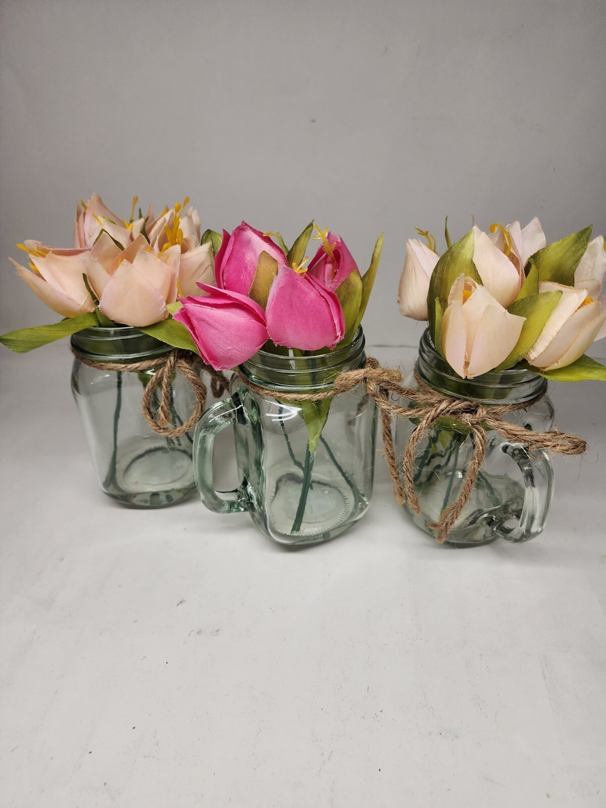 Lot of 3 – Old East Main – Clear Glass Mason Jar Style Mug w/Artificial Tulips