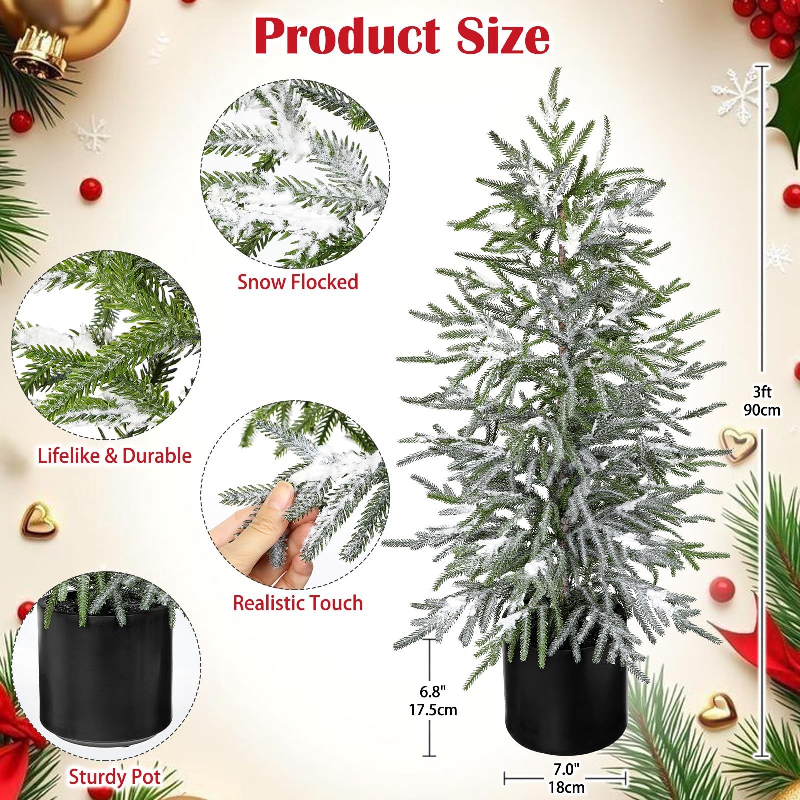 3FT Snow Flocked Artificial Norfolk Pine Tree in Pot, Real Touch Artificial T…
