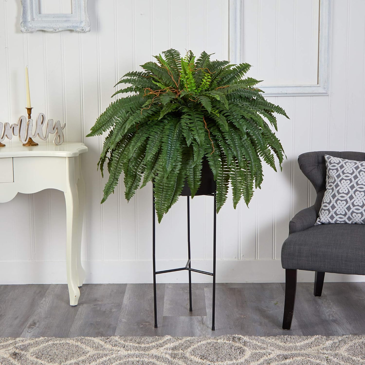 51″ Boston Fern Artificial Plant in Stylish Black Planter with Stand