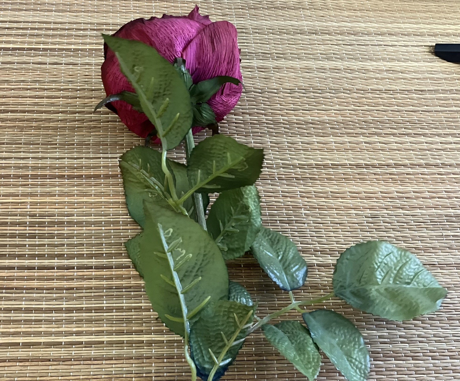 Vintage French 90’s Artificial Dark Red Cabbage ROSE Flower w/ Leaves, Long Stem