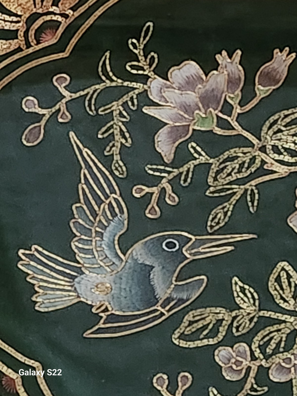 Green Silk Gold Embroidered Hummingbird Floral Professionally Framed