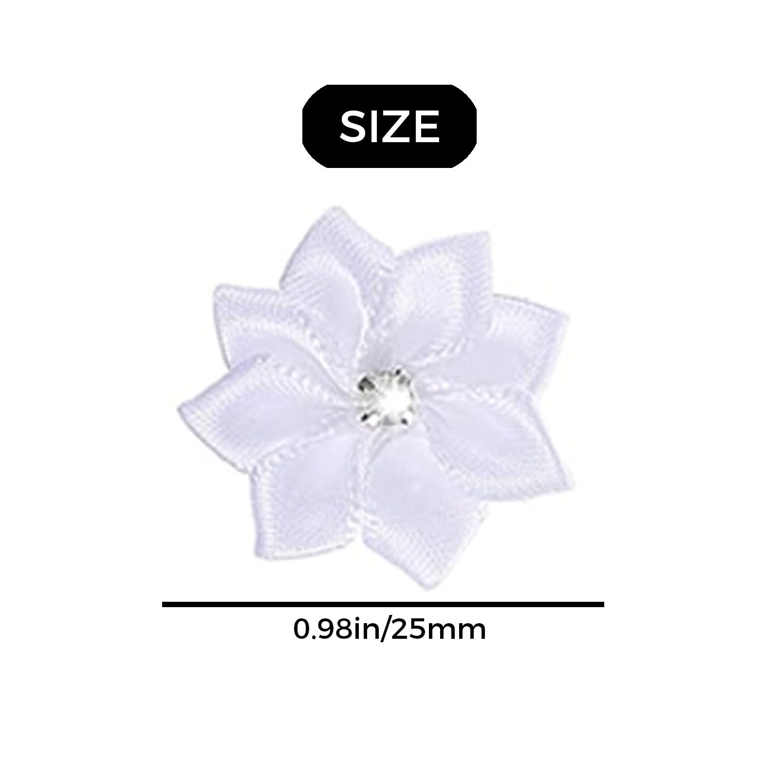 50 PCS White Satin Ribbon Flowers 1 Inch Small Rhinestone Center Applique
