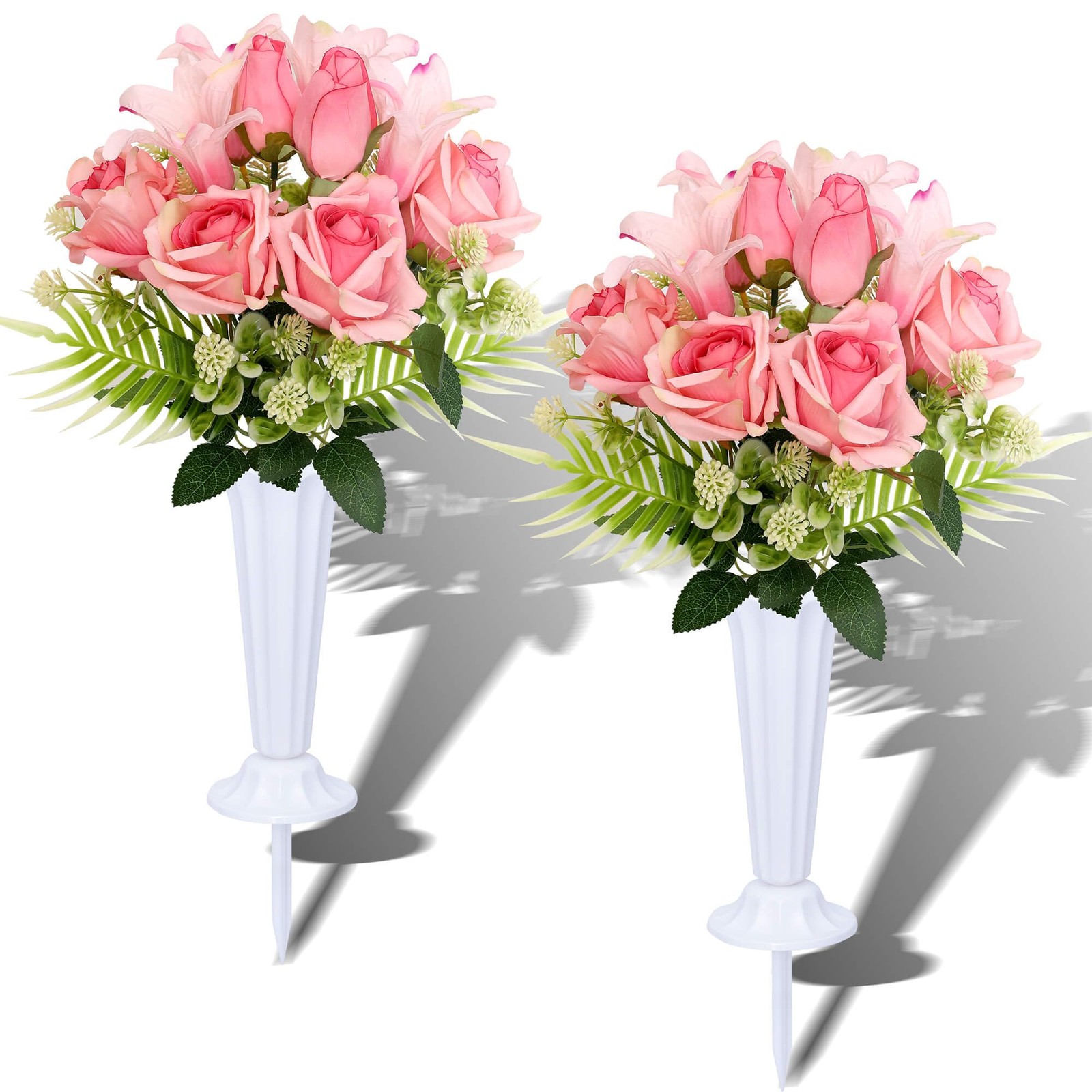Artificial Cemetery Flowers with Vases Set of 2 Roses Lily Silks Bouquets Rea…