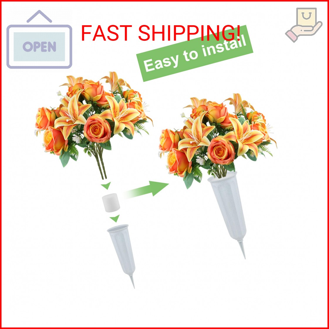 2 Set Artificial Cemetery Flowers with Grave Vase-2 Bunches Lilies & Rose Mixed