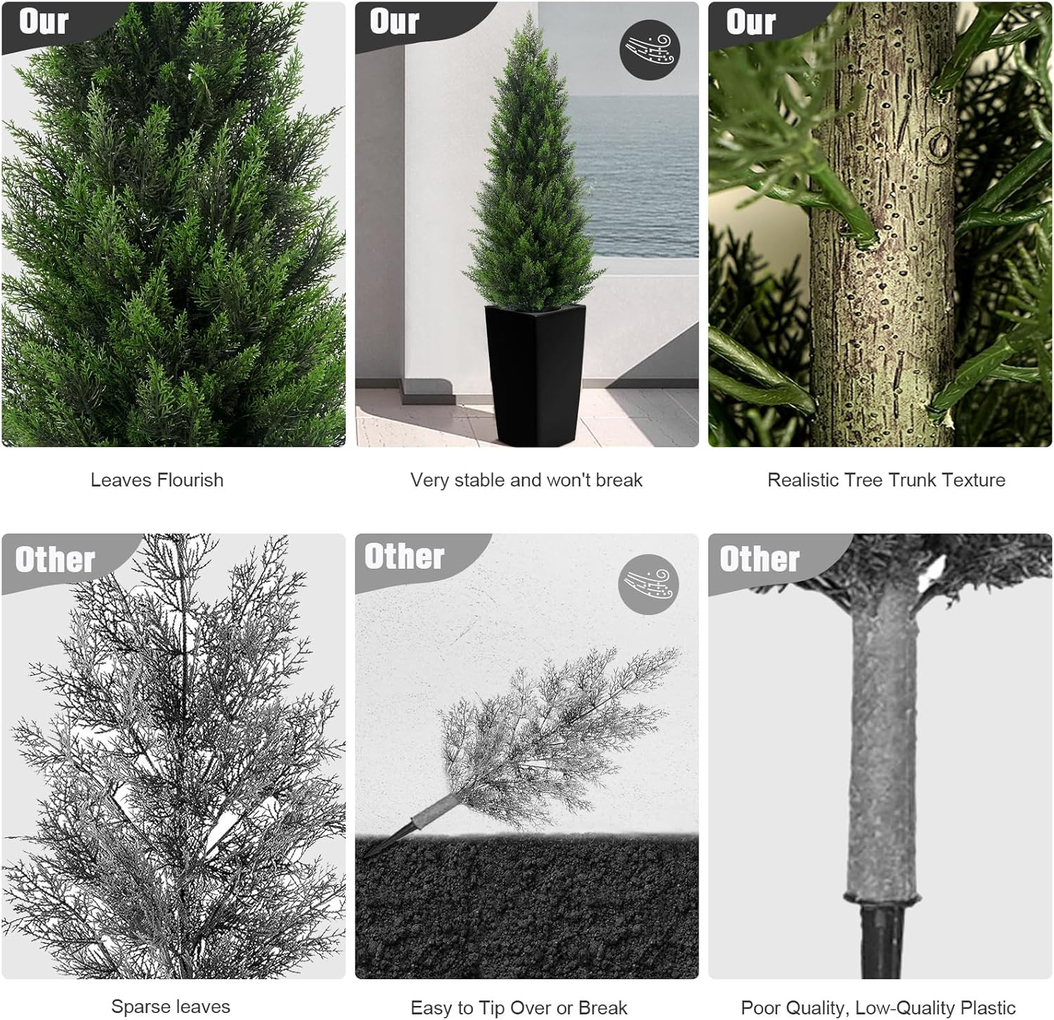 5FT Tall 2 Pack Artificial Cedar Topiary Trees with Compact Pyramidal Shape, Rea