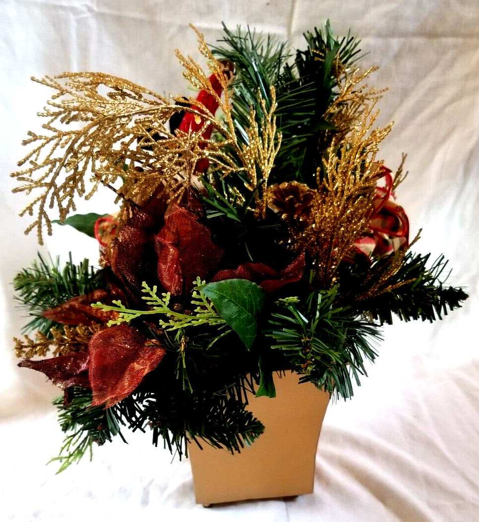Xmas Floral Arrangement w Cloth Reindeer Accent 14″ x 13″ Table Desk Centerpiece