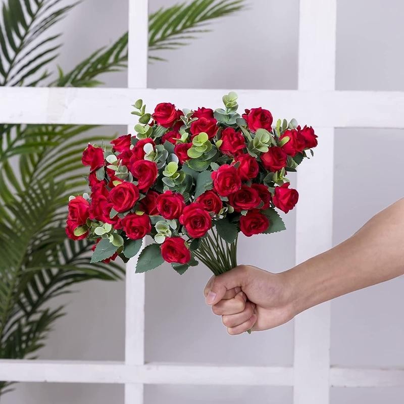 10 Head Artificial Silk Rose Peony Eucalyptus Bouquet Wedding Home Party Decor