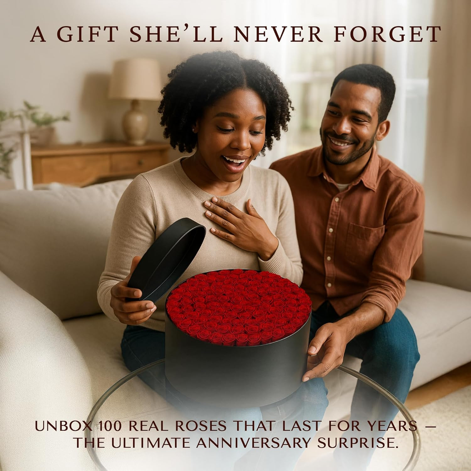 100 Petite Preserved Roses, Large round Shaped Box, Real Forever Roses Last 1+ Y