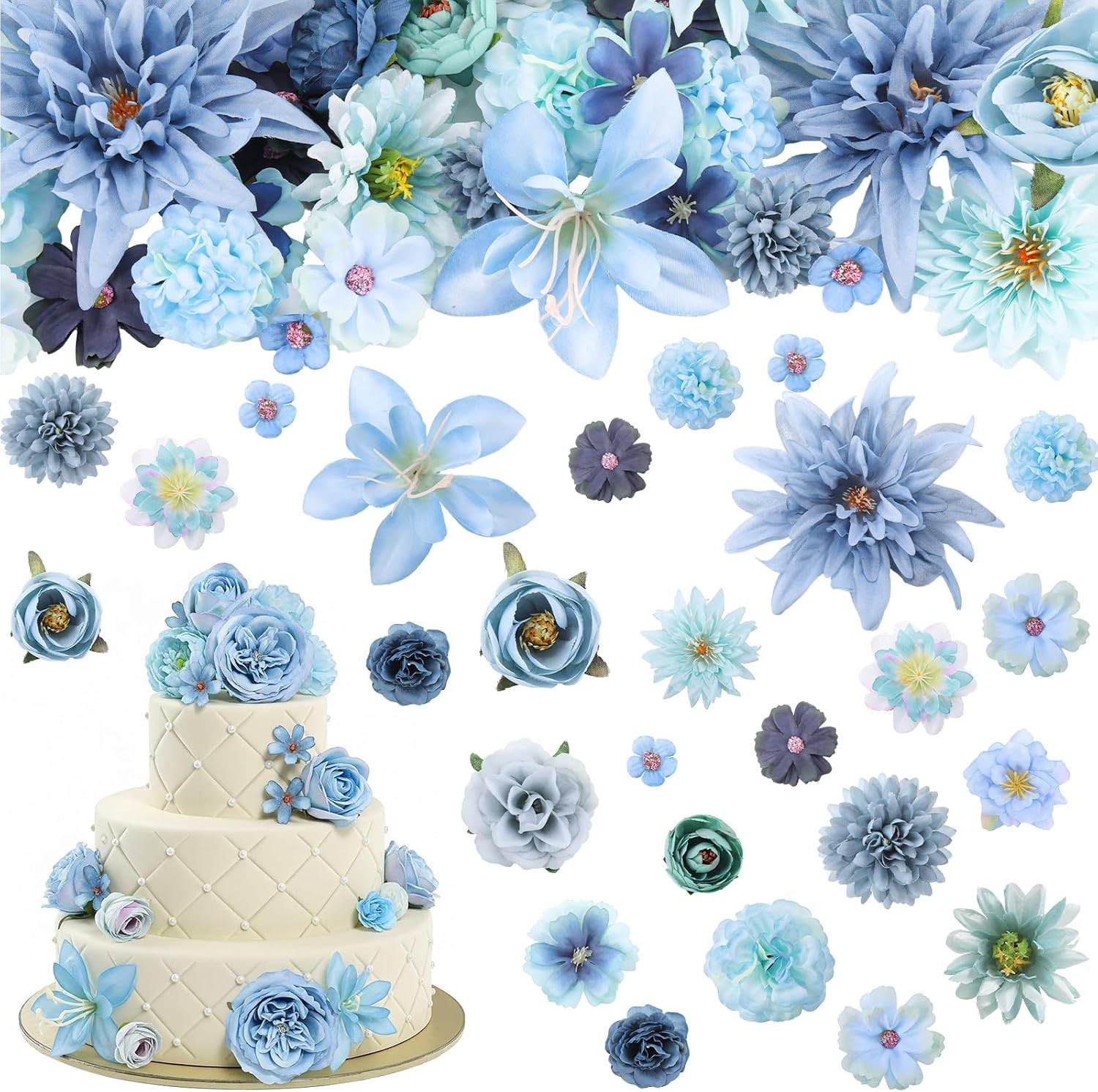 48 Pcs Blue Flower Heads Bulk for Cake Crafts Faux Artificial Heads Silk Fake Fl