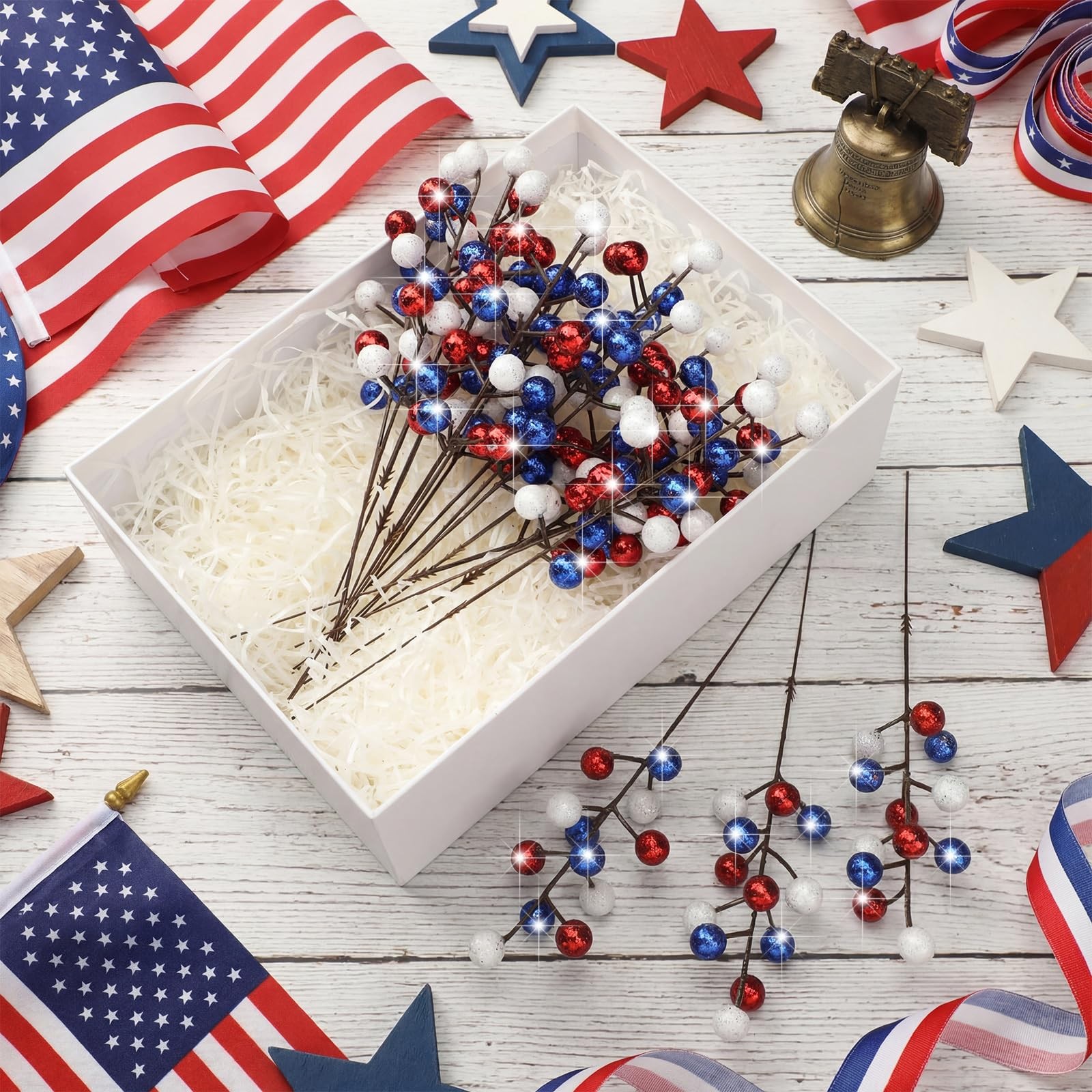 24 Pcs 9.3 Inch 4th of July Glitter Patriotic Ball Picks Red White Blue Berry…