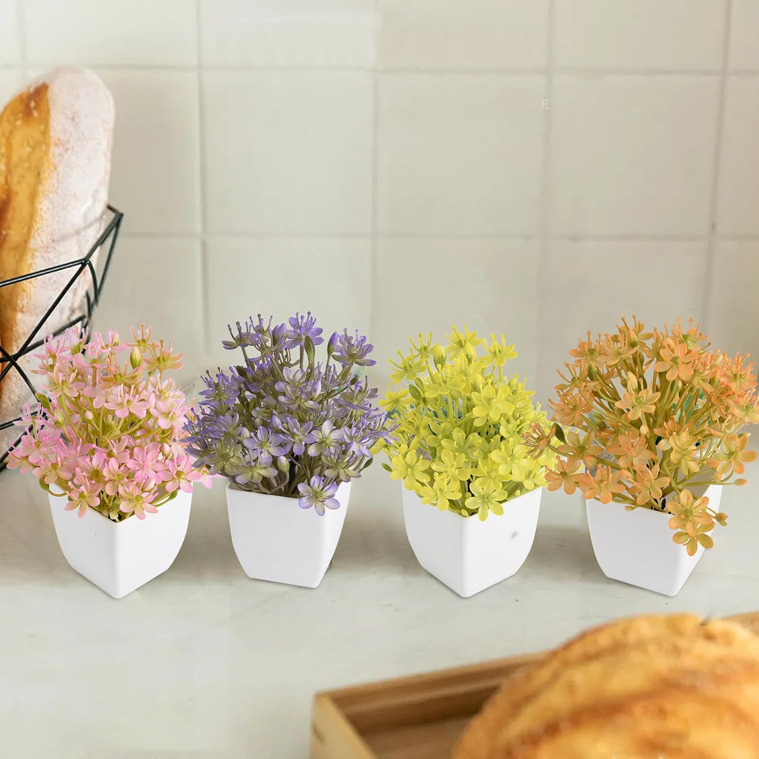 Artificial Mini Plants with Flowers, 4 Pack Fake Potted Plants, Indoor Home