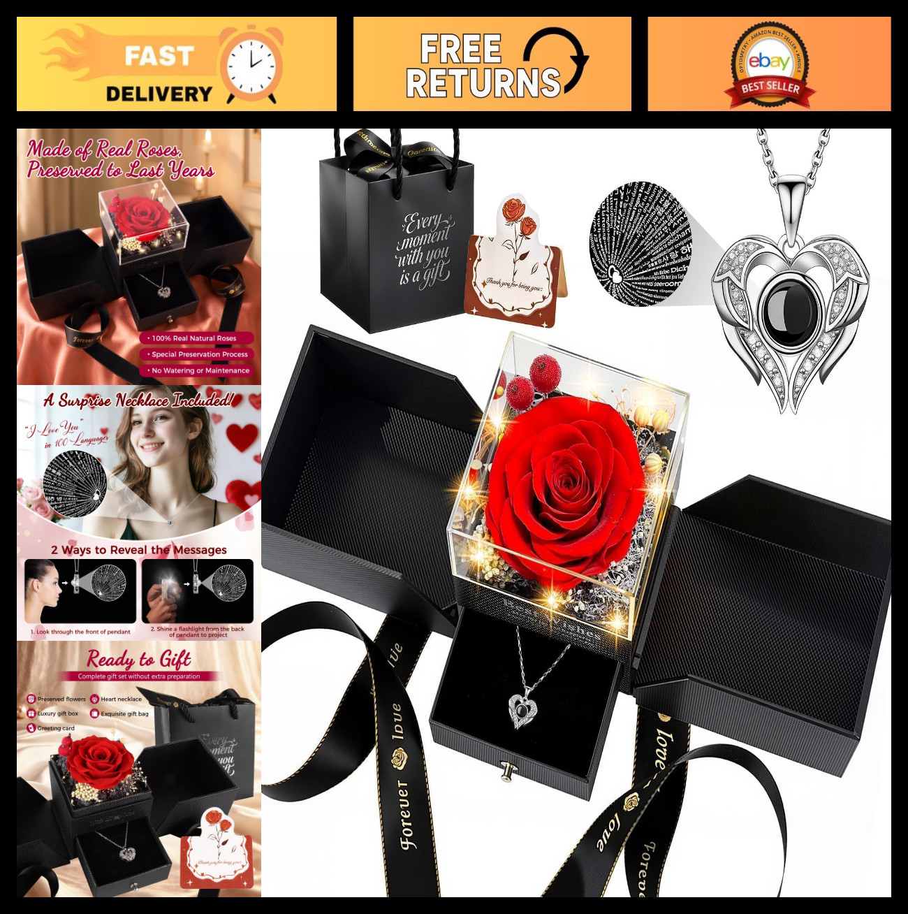 Romantic Gift Box with Preserved Red Rose & Heart Necklace – ‘I Love You’ in 100