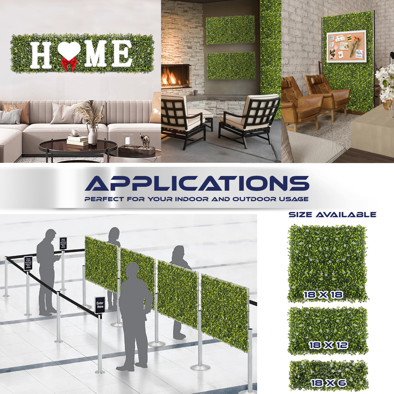 18×12″ Artificial White Flowers Mat Wall Hedge w/ Hard Back Outdoor Grass Panel