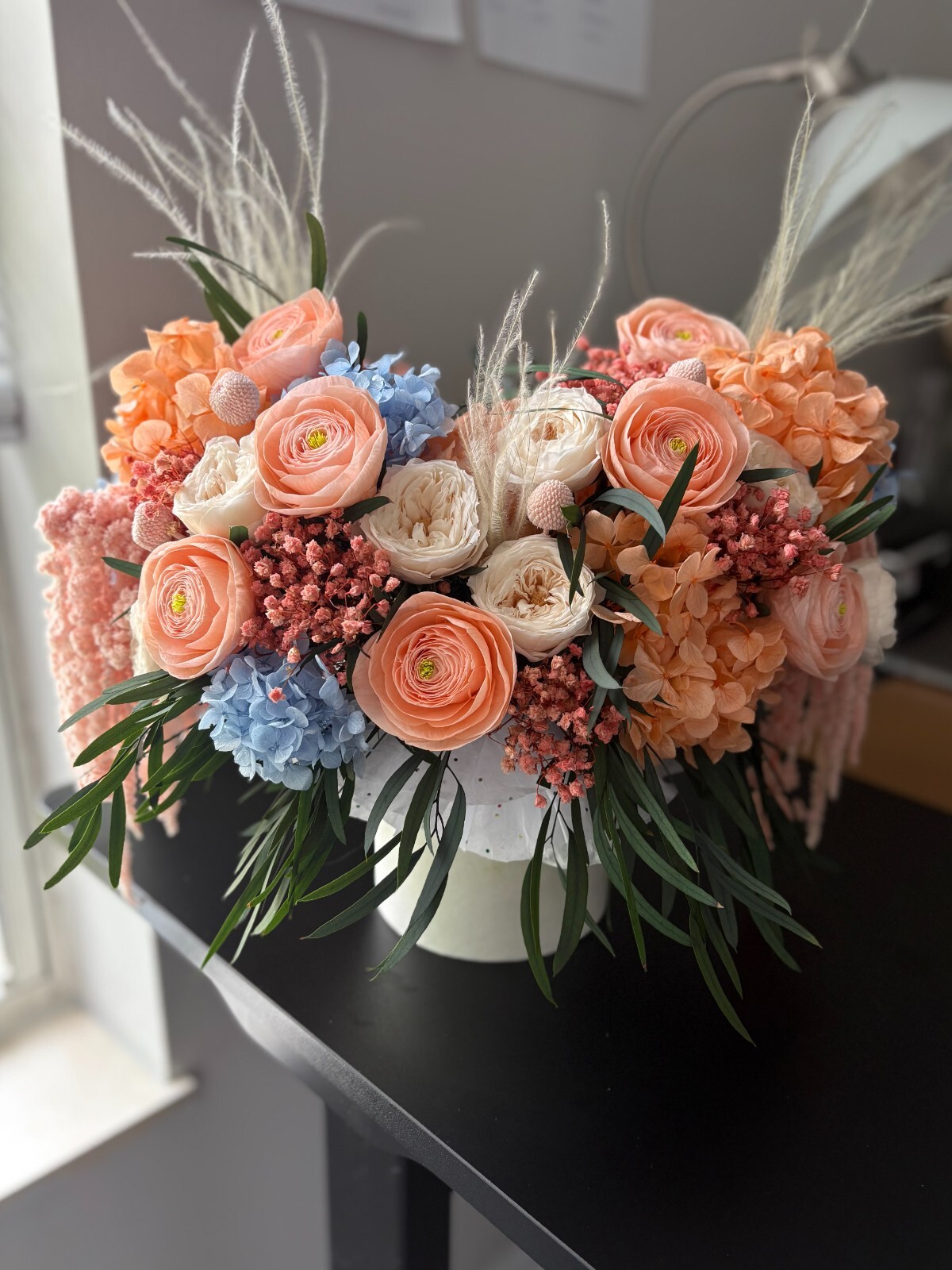 Preserved Flower Arrangement, Peach Blue Boho Centerpiece, Long Lasting Bouquet