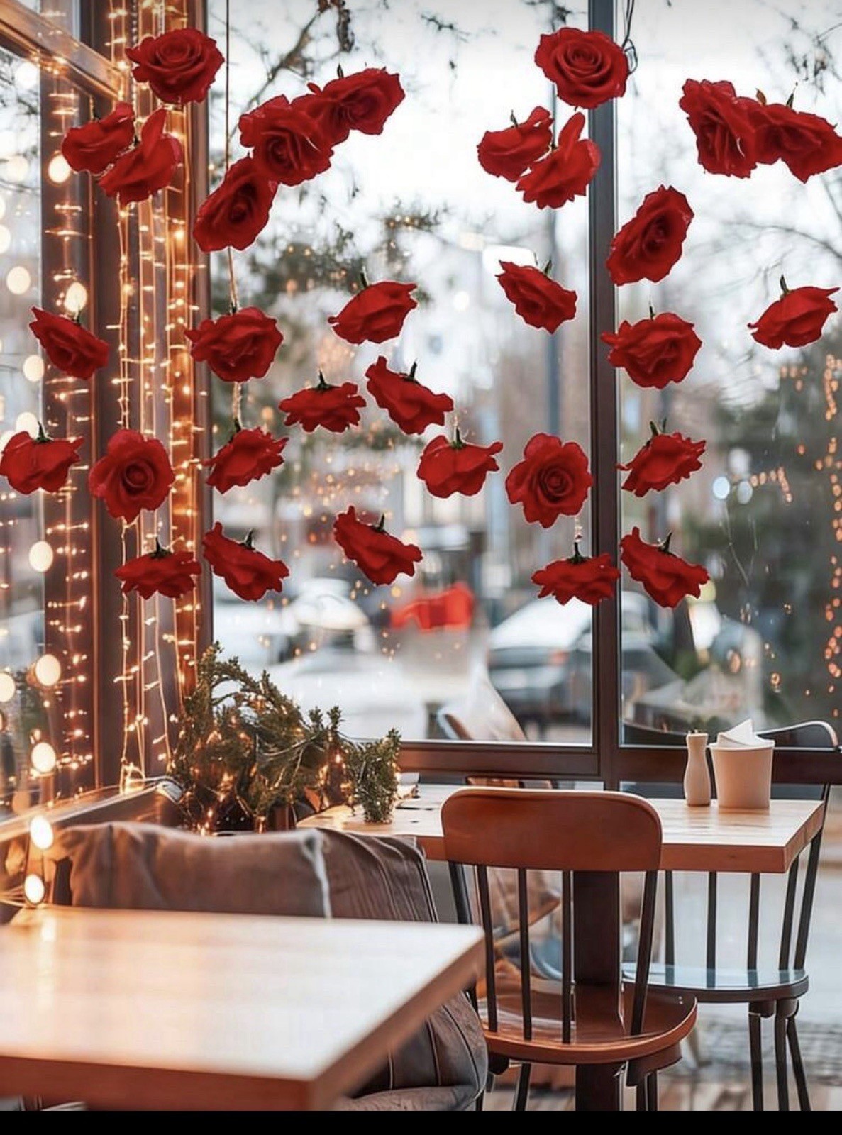 Artificial Red Rose Hanging Decor with Crystal Bead Strands, 7cm Roses 21 pcs