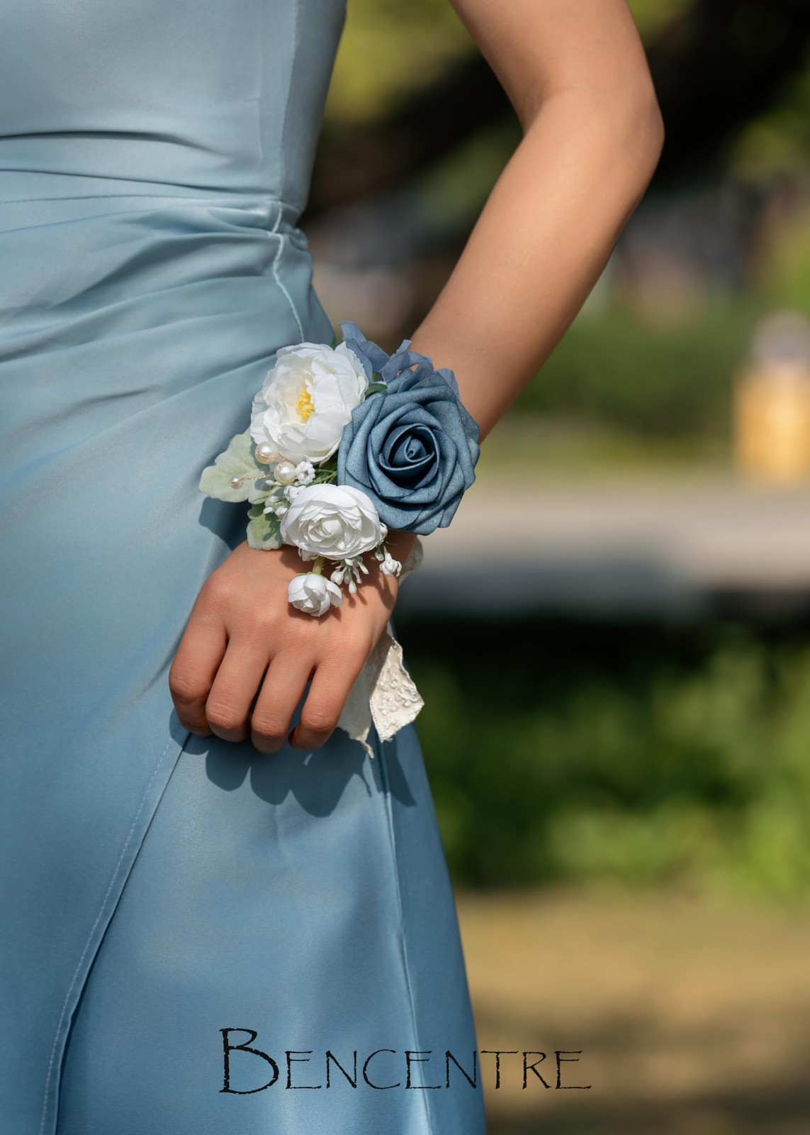 6 PCS Dusty Blue Corsages Wedding Prom Party Hand Flower Decor Wrist Band