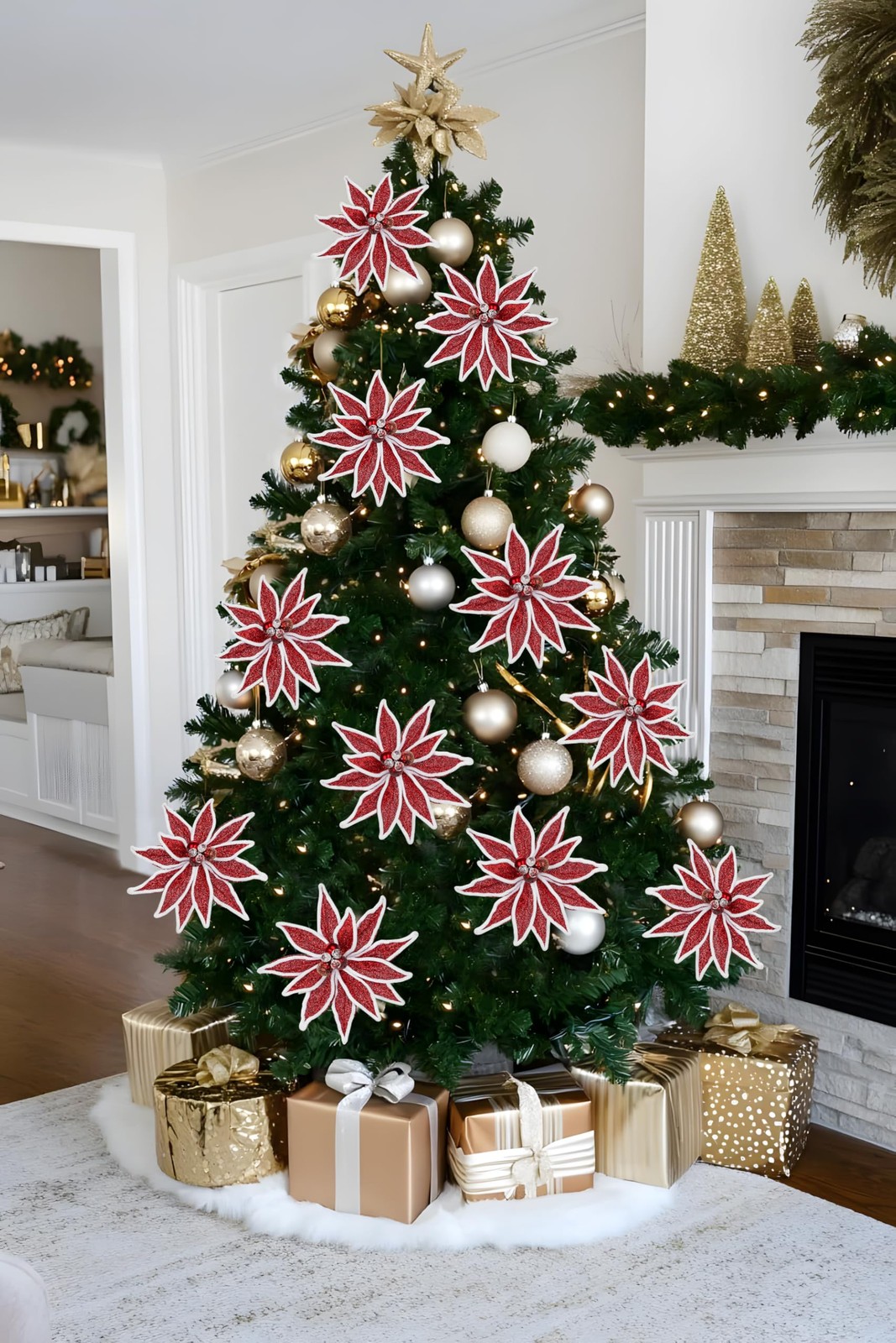 3PCS Red Poinsettia Artificial Christmas Flowers – 25.6″ Long Stem Metallic G…