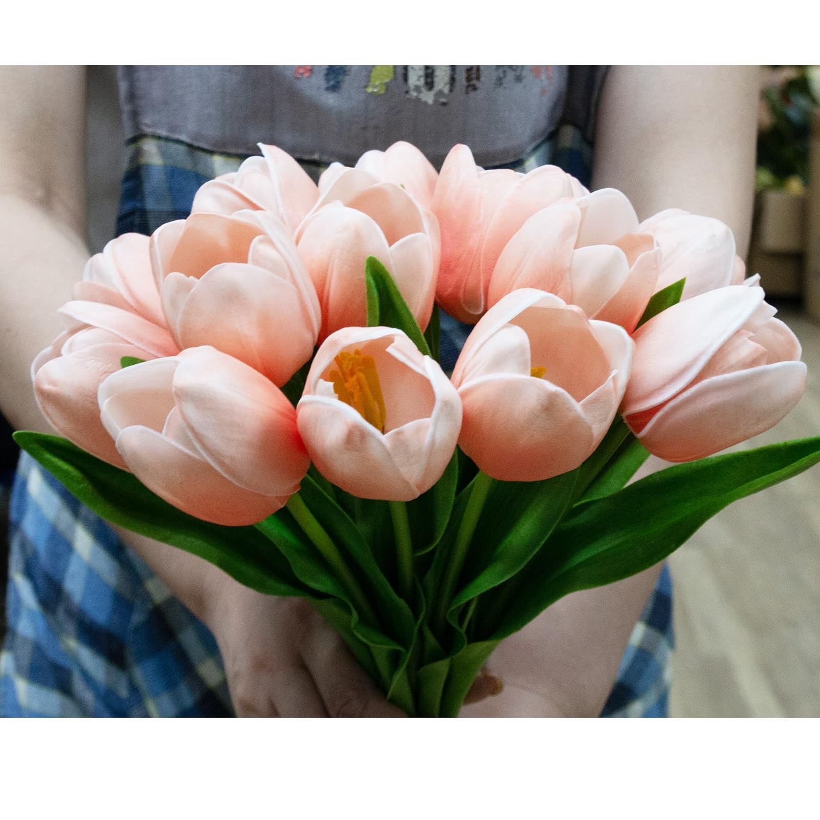 Green Artificial Real Touch Tulip Fake Flowers Table Centerpieces 12 PCS