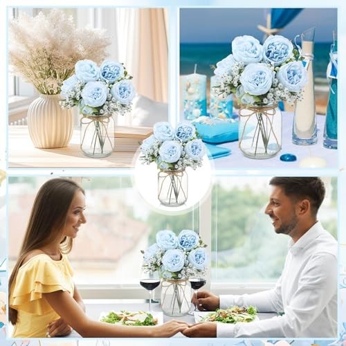 12 Sets Mason Jar Centerpiece Decor, Faux Peony & Baby’s Breath Bouquets, Rustic