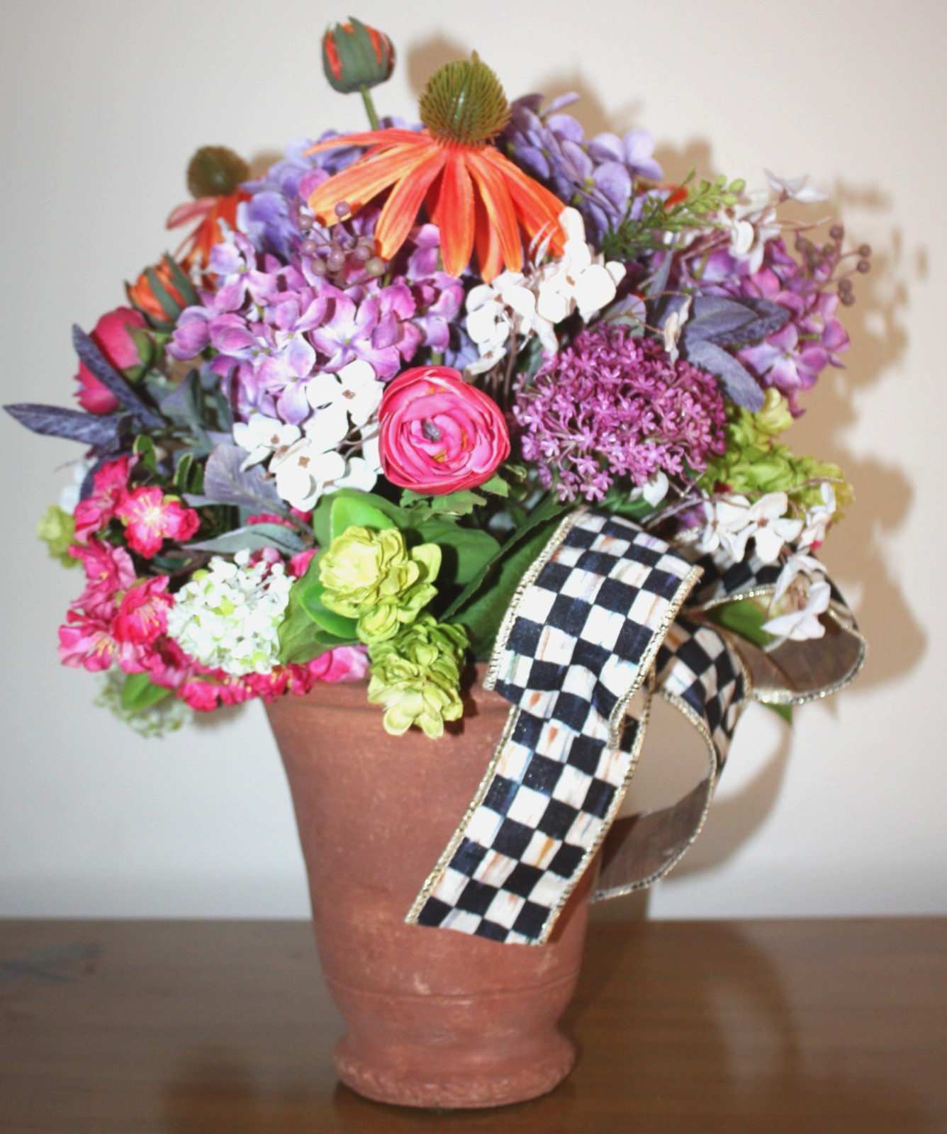 Faux Floral Arrangement Potted in G. Wolff Planter With Mackenzie Childs Bow!