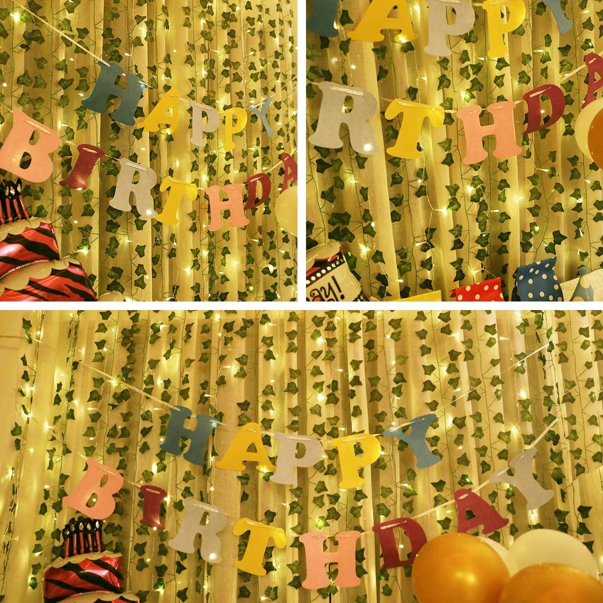 12 Pack Artificial Ivy Leaf Plants with 240 Window Curtain String Lights, Fak…
