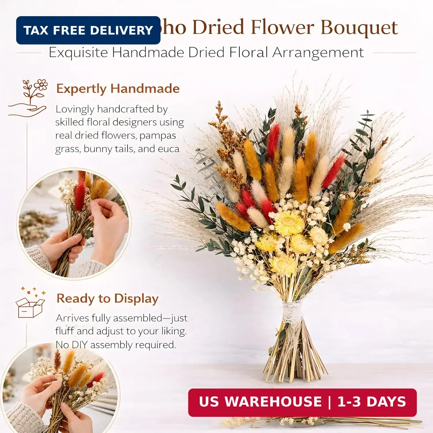Handmade Bohemian Dried Flower Bouquet – Spring Summer Flowers Arrangement with