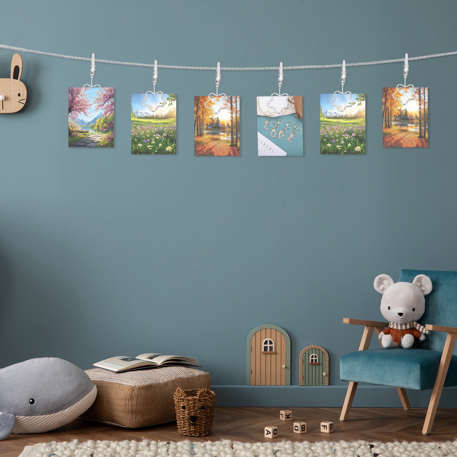 5Ft Wall Hanging Photo Display Cable Wire Rod with 10 Flower Clips, Silver