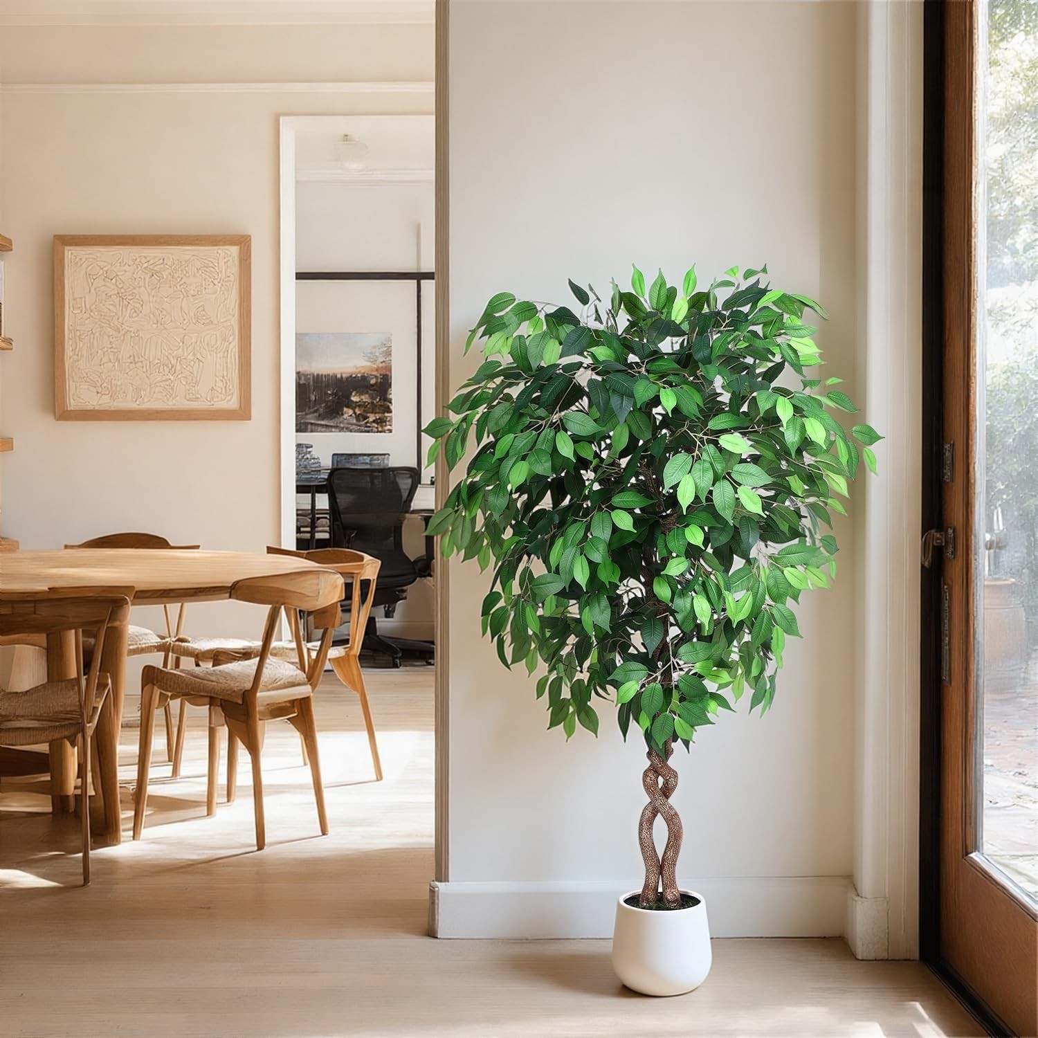 Jocoevol 5FT Artificial Ficus Tree, Tall Faux Trees Indoor White Planter, Dried