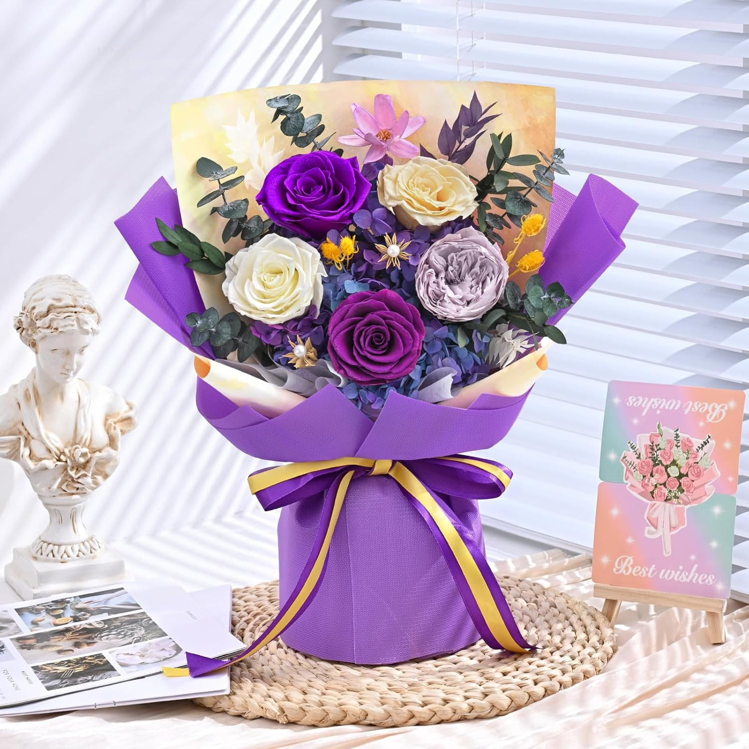 Yastouay 5 Pcs Glitter Purple Preserved Roses Flowers Bouquet, Forever Rose Flow