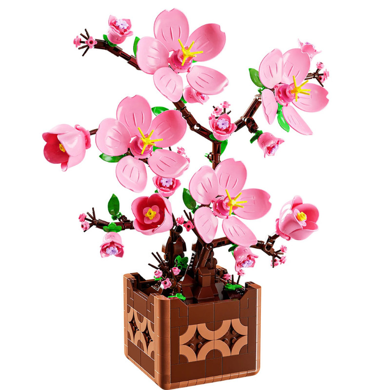 Pink Peach Blossom Potted Plant Building Block Set Diy Flower Model Decoration