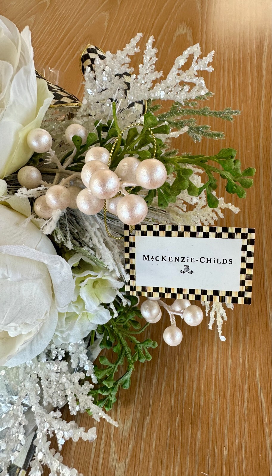 Lrg Winter White MacKenzie Childs Rose Bouquet Courtly Checks Cello Wrap w/ Tag