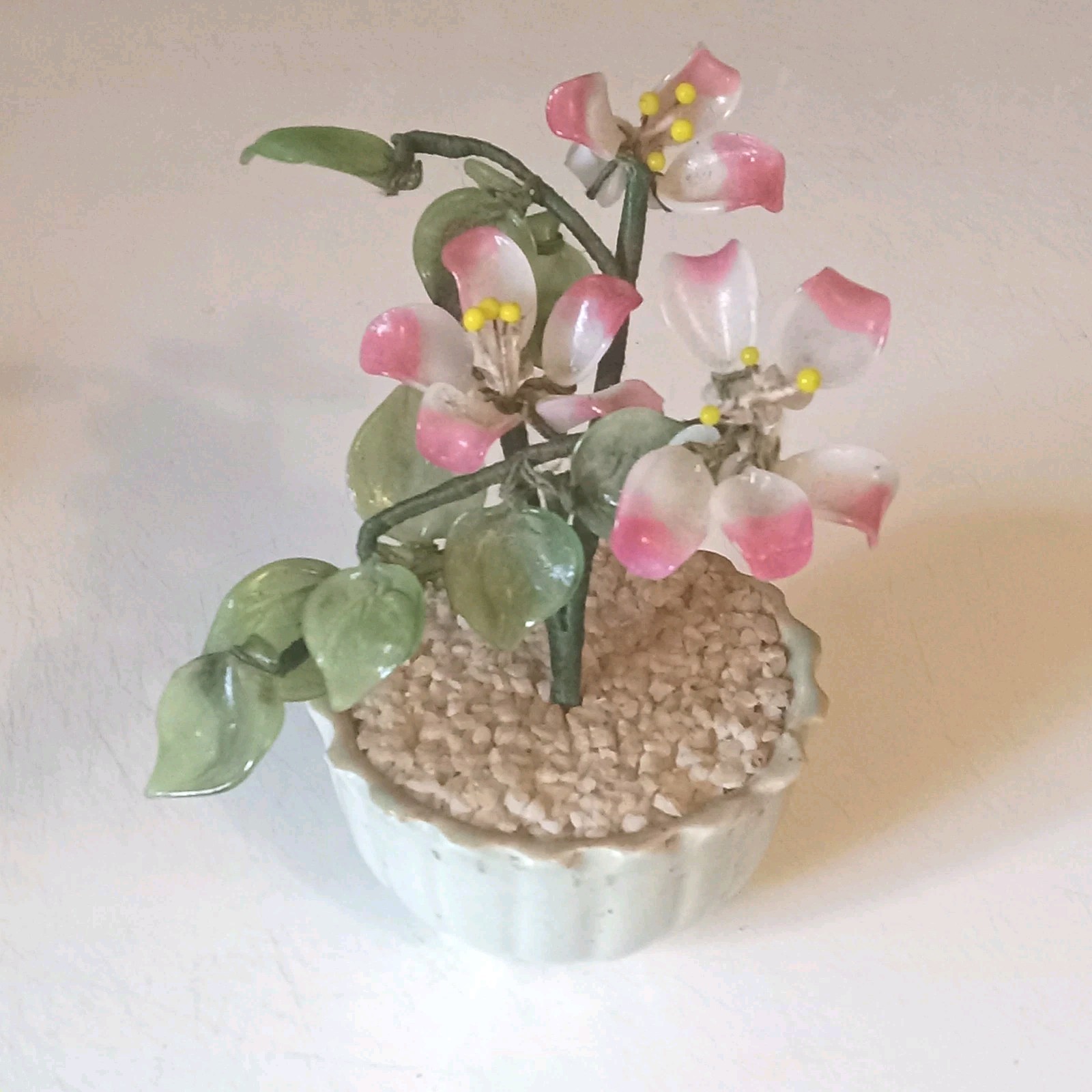 Vintage Chinese Rose Art Glass Flower Bonsai Tree With Glass Pedals