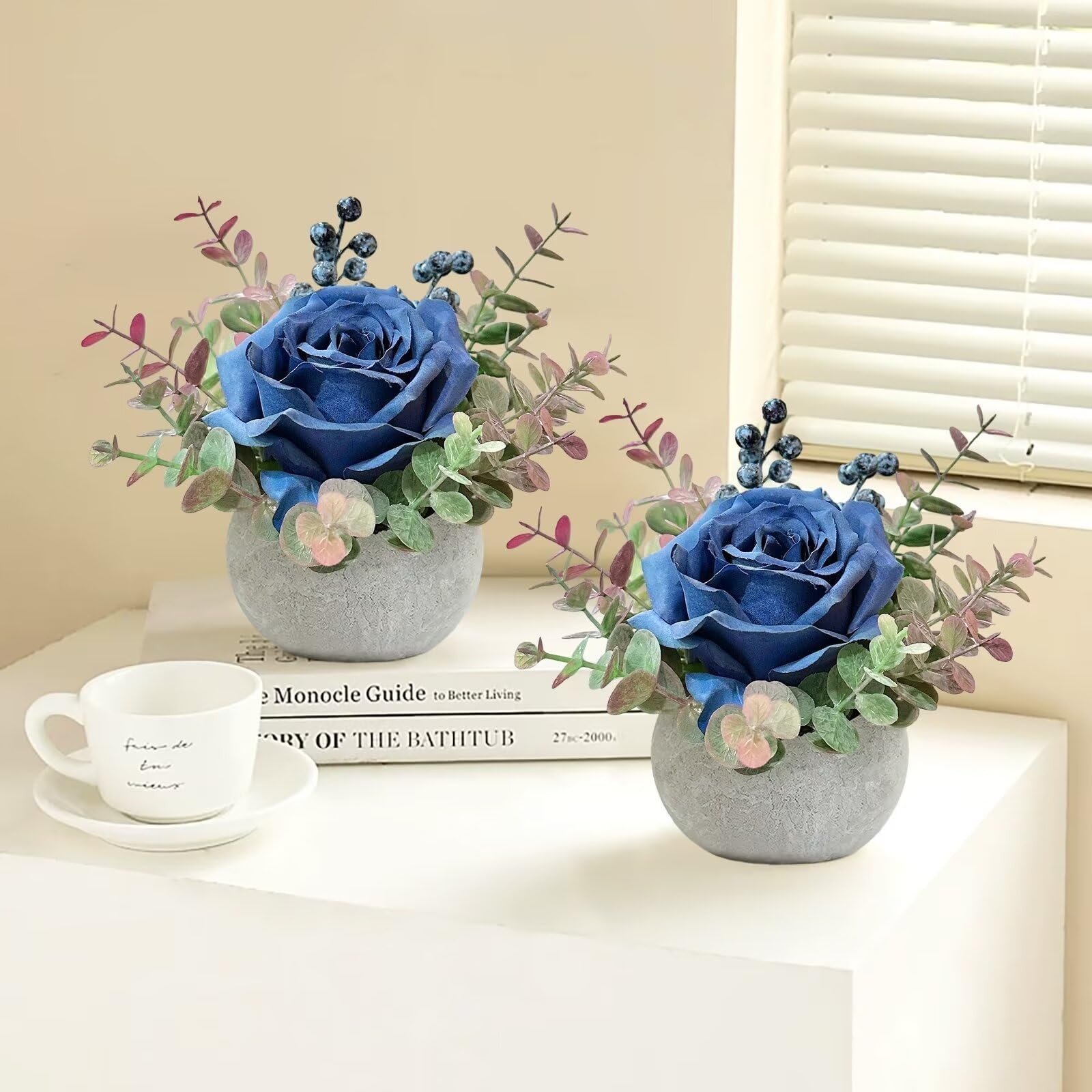 1 PC Artificial Flowers Pots Blue Rose Small Potted Plants Fake Vase Decor