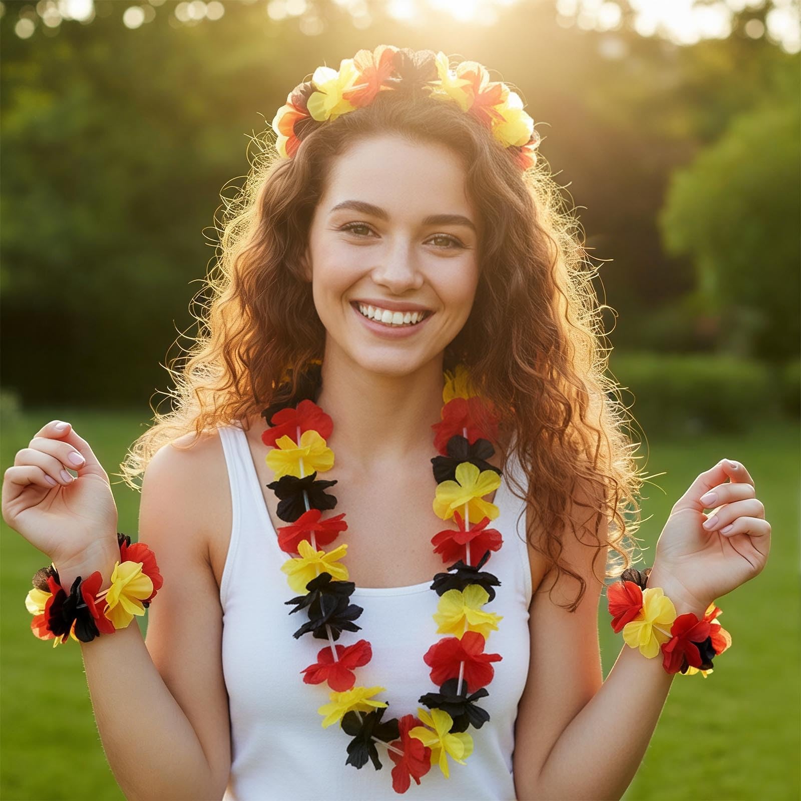 4Pack Flag Flower Leis Patriotic Flower Lei for 4th of July,Red Black and Yel…