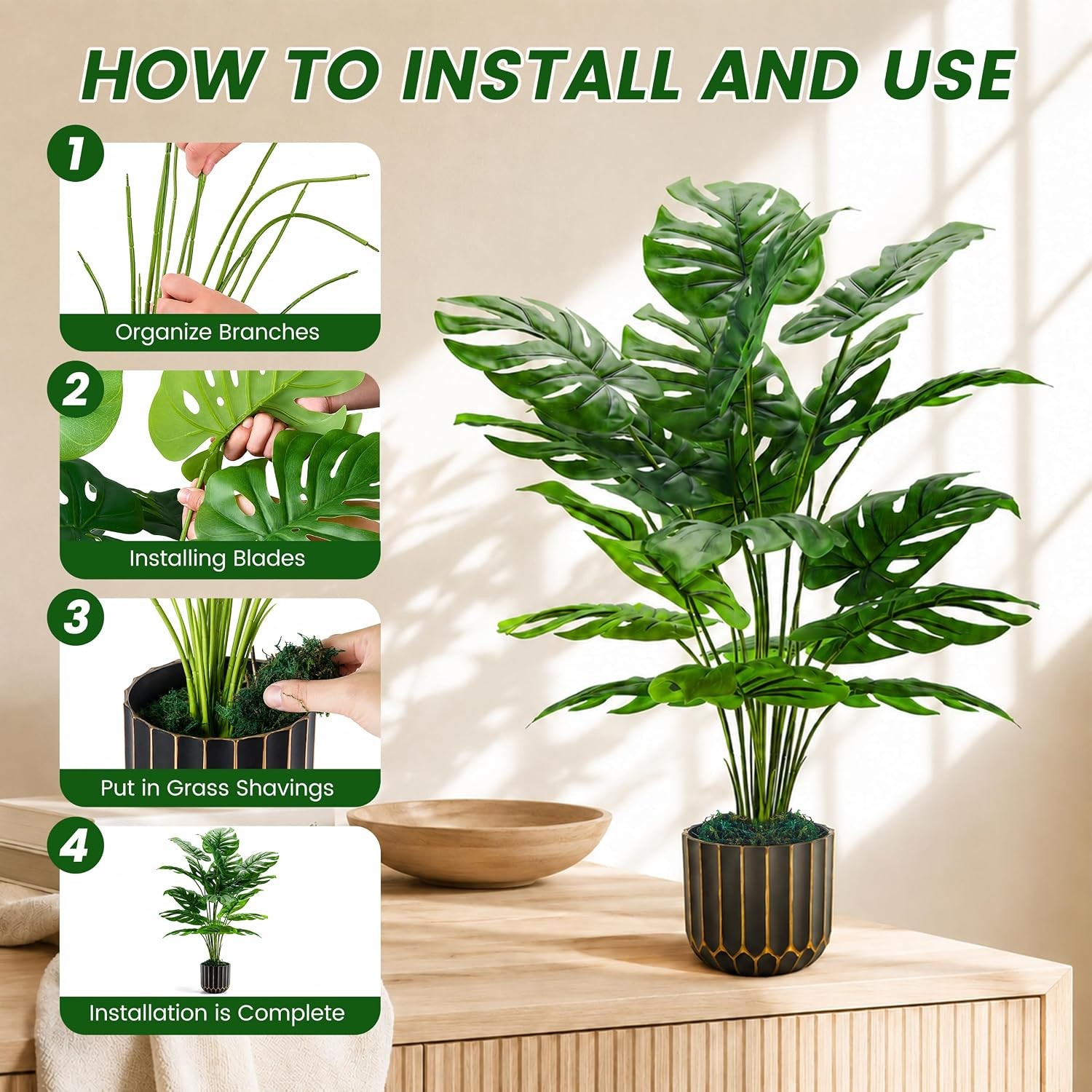 Artificial Monstera Plant Faux Potted Tree Fake Greenery Indoor Home Decor