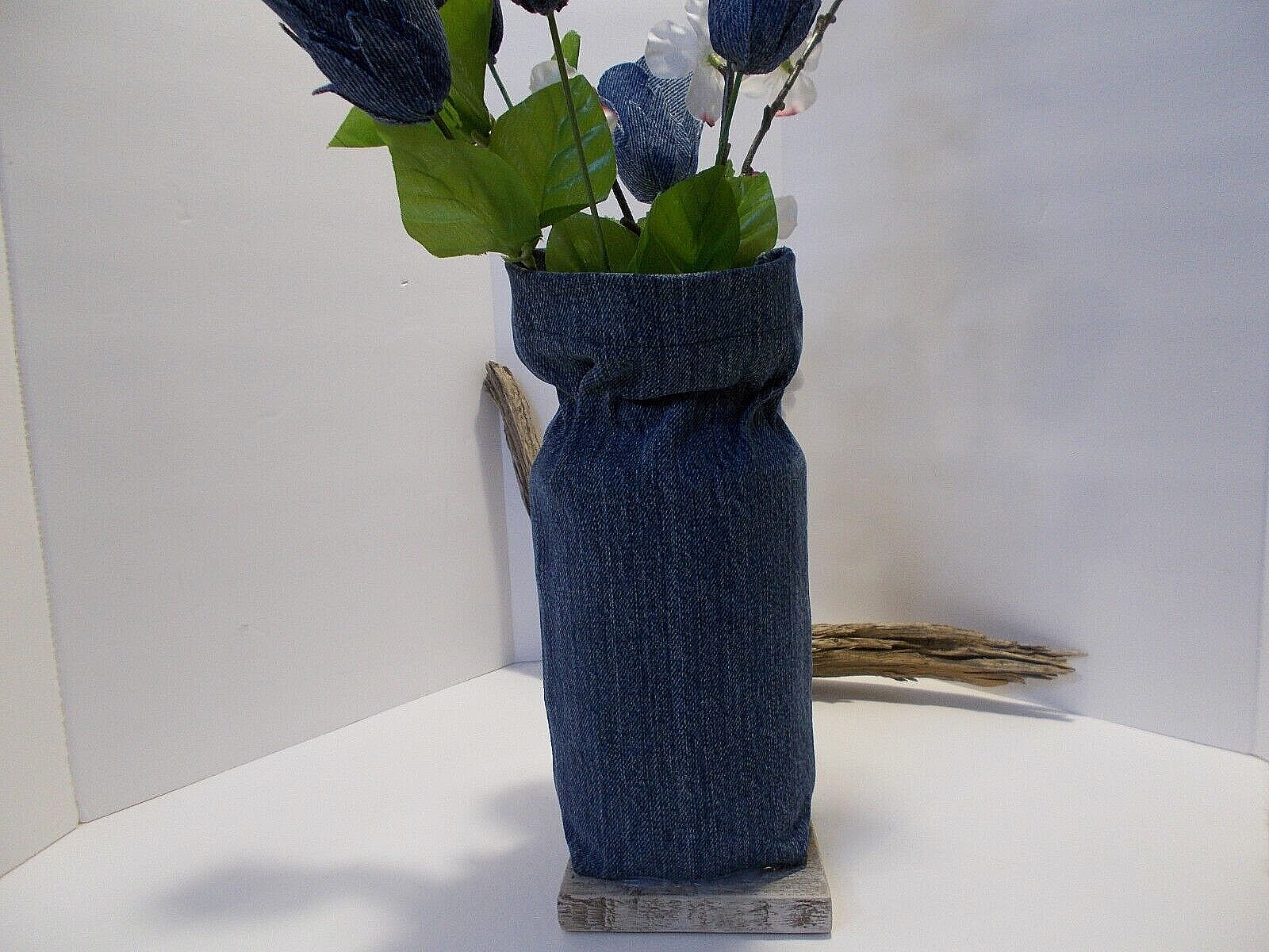 Denim Roses & Flowers in Recycled Denim Jeans Vase and Sm Valentines Hugs Bear