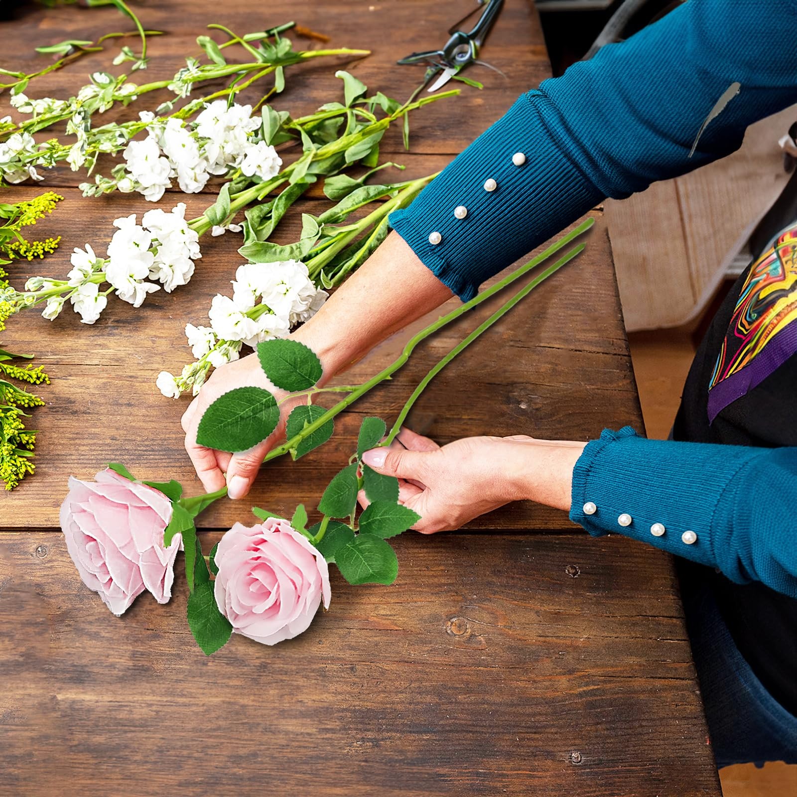 12PCS Pink Artificial Roses with Long Stems, Realistic Faux Silk Roses Flower…
