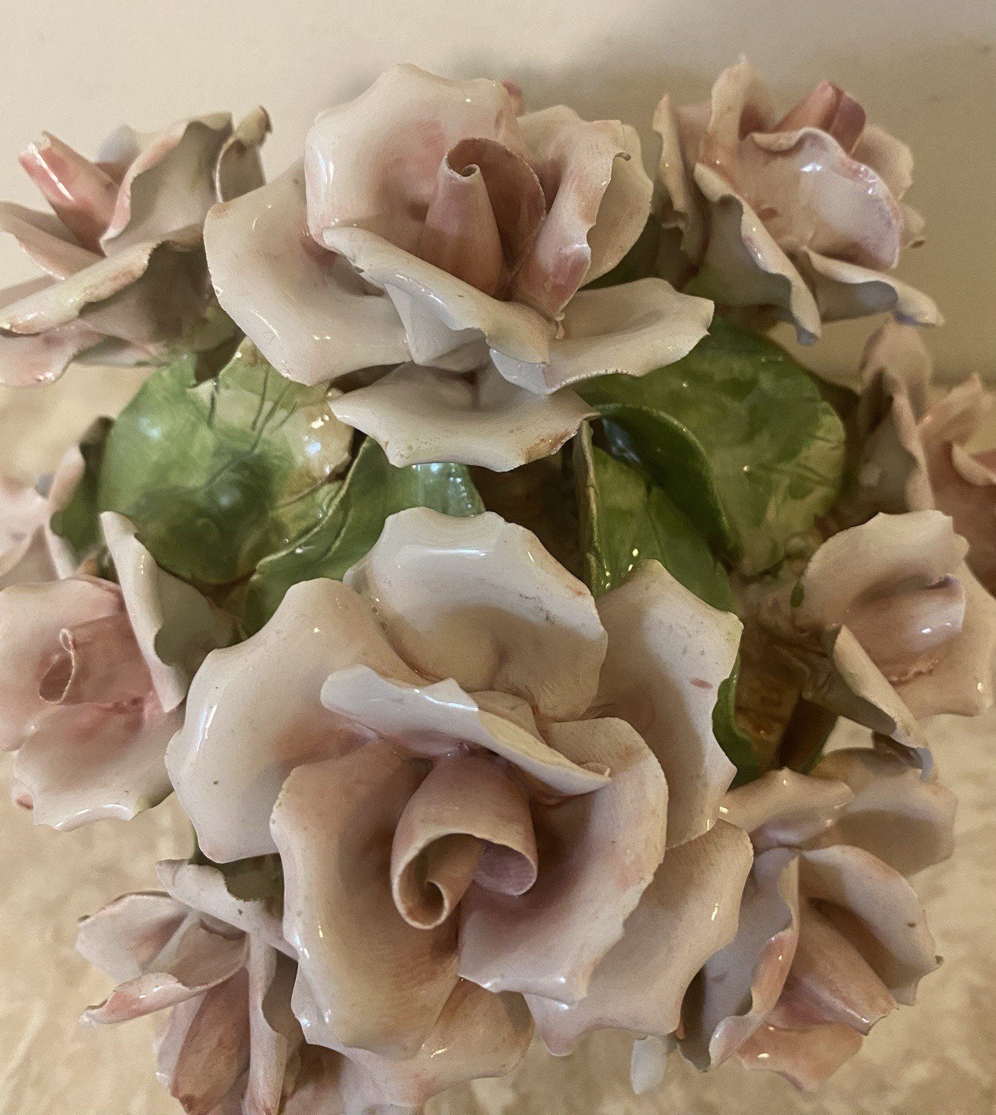 Porcelain Flower Centerpiece Capodimonte Style Italy Pink Roses 6” Tall