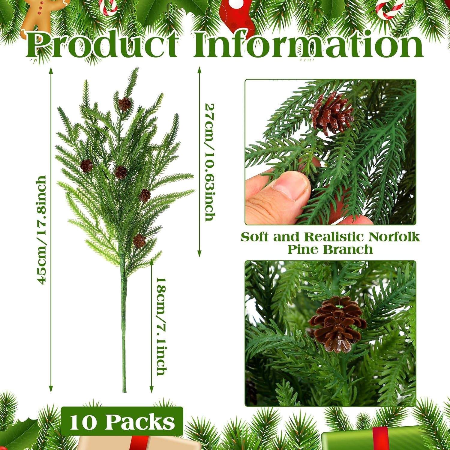 Set of 10 Realistic Norfolk Pine Branches with Cones for Elegant Holiday Styling