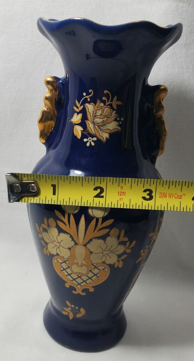 Hand-painted Dark Blue With Gold Floral Porcelain Vase 8″H