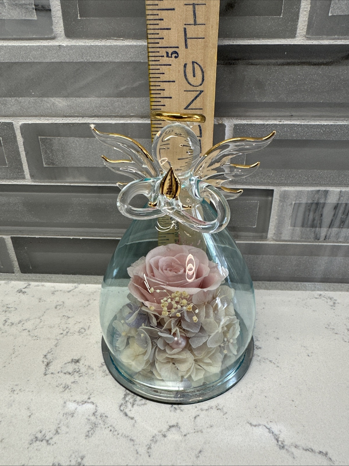 ANLUNOB Mother’s Day/Birthday Gift Glass Praying Angel w/Pink Rose Flower EUC!