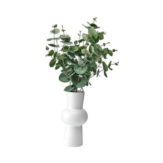 Artificial Arrangement in White Ceramic Vase, Realistic Look and Eucalyptus